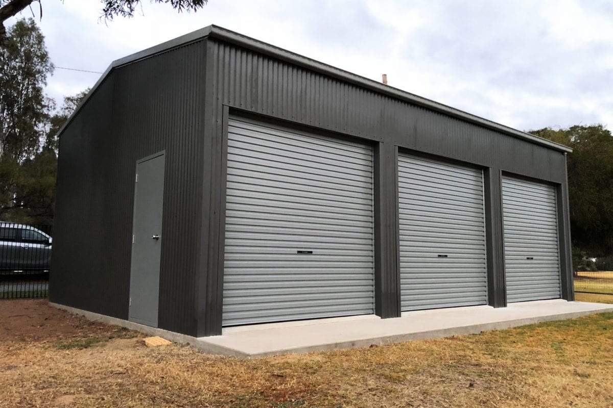 Ezy Blox Sheds Triple Garage- 11.8m(L) x 9.4m(W) ; 3 Roller Doors Inc.